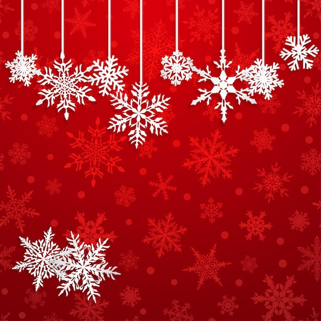 Ilustração de natal com flocos de neve brancos pendurados em fundo vermelho