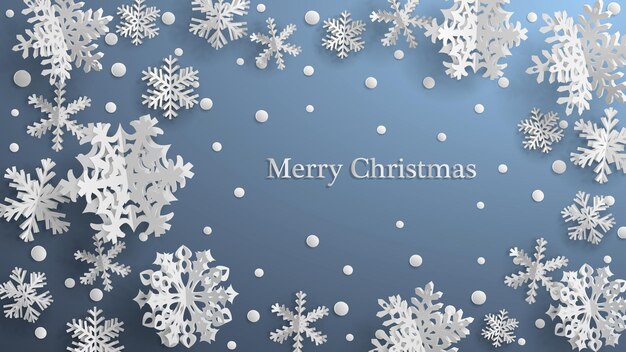 Ilustração de Natal com flocos de neve de papel tridimensional branco em fundo cinza