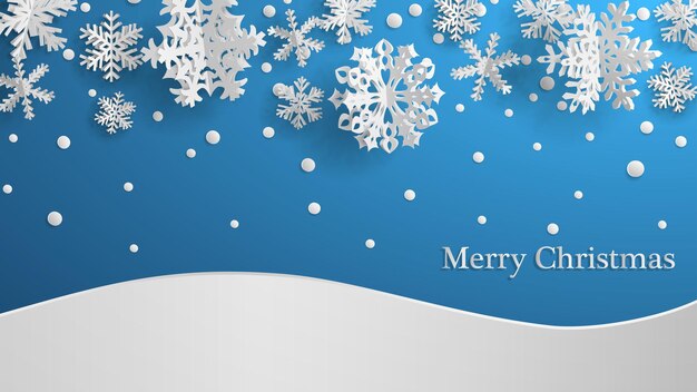 Ilustração de Natal com flocos de neve de papel tridimensional branco sobre fundo azul claro com nevascas