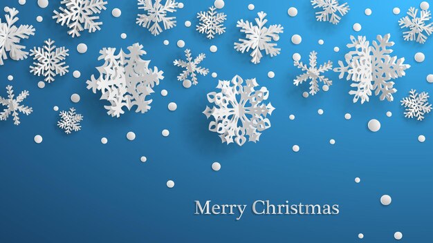 Ilustração de Natal com flocos de neve de papel tridimensional branco sobre fundo azul claro