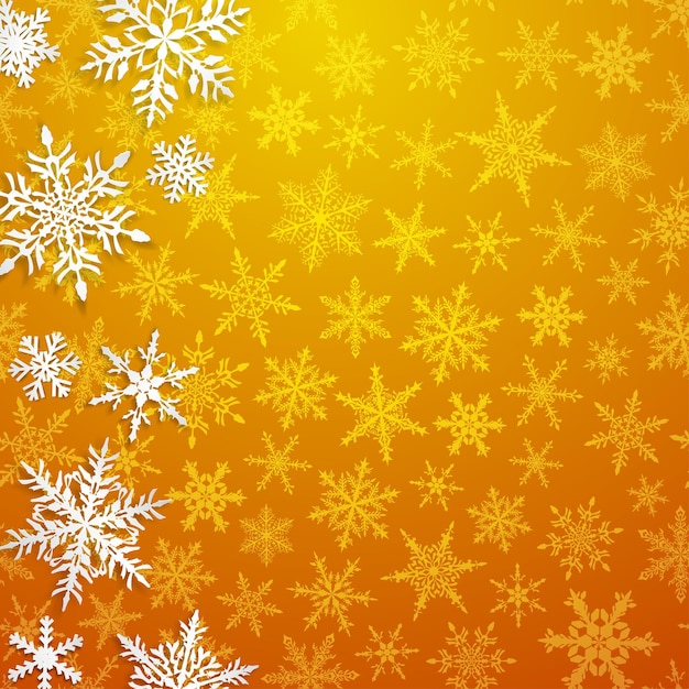 Ilustração de natal com grandes flocos de neve brancos com sombras em fundo amarelo