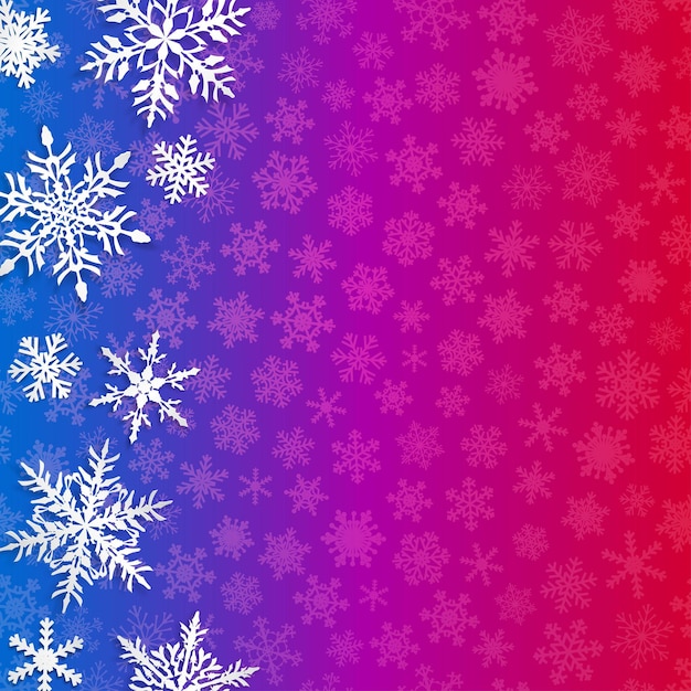 Ilustração de Natal com grandes flocos de neve brancos com sombras em fundo azul e roxo