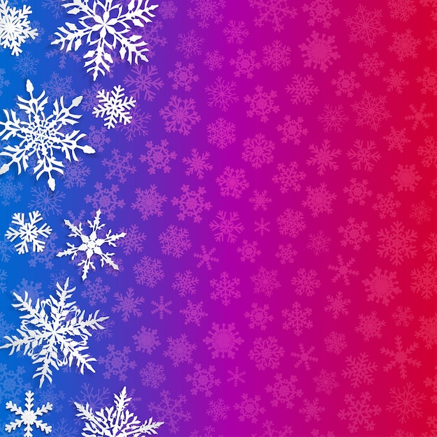 Ilustração de natal com grandes flocos de neve brancos com sombras em fundo azul e roxo