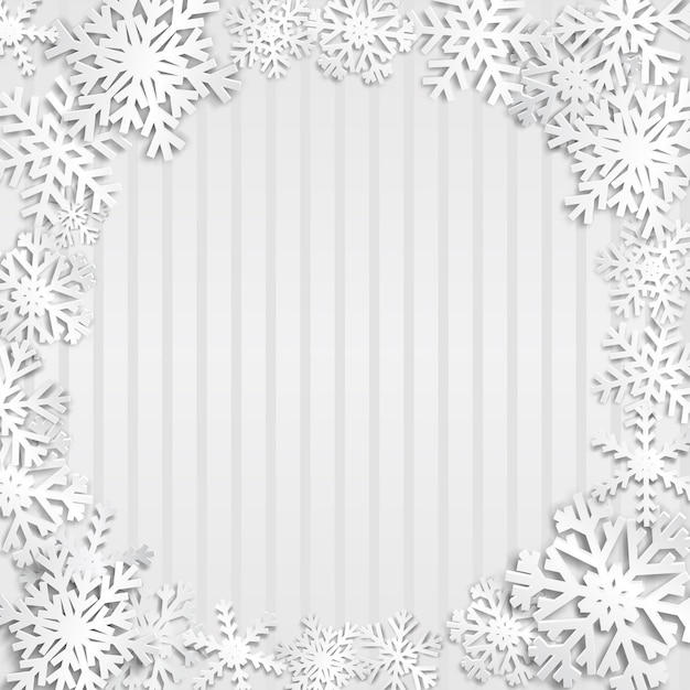 Ilustração de natal com moldura circular de grandes flocos de neve brancos com sombras em fundo cinza listrado