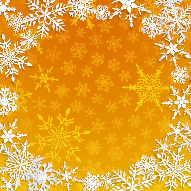 Ilustração de natal com moldura circular de grandes flocos de neve brancos com sombras no fundo amarelo