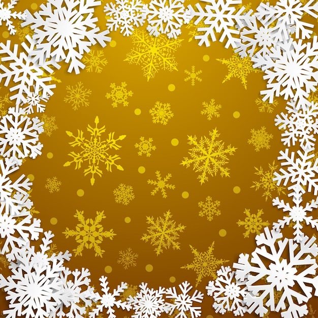 Ilustração de natal com moldura de círculo de flocos de neve brancos sobre fundo dourado