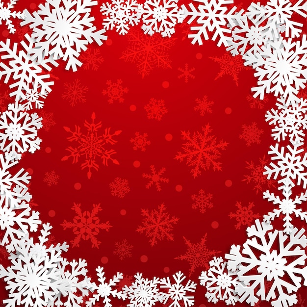 Ilustração de natal com moldura de círculo de flocos de neve brancos sobre fundo vermelho