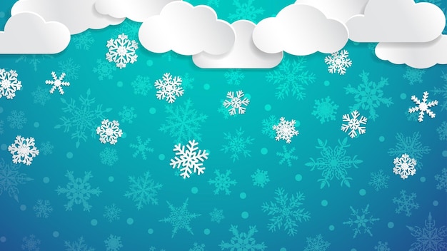 Ilustração de natal com nuvens brancas e flocos de neve em fundo azul claro