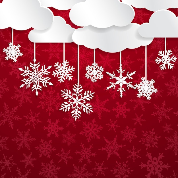 Ilustração de natal com nuvens brancas e flocos de neve pendurados em fundo vermelho