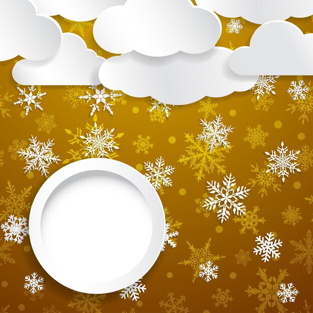 Ilustração de natal com nuvens brancas, flocos de neve e moldura de círculo em fundo amarelo