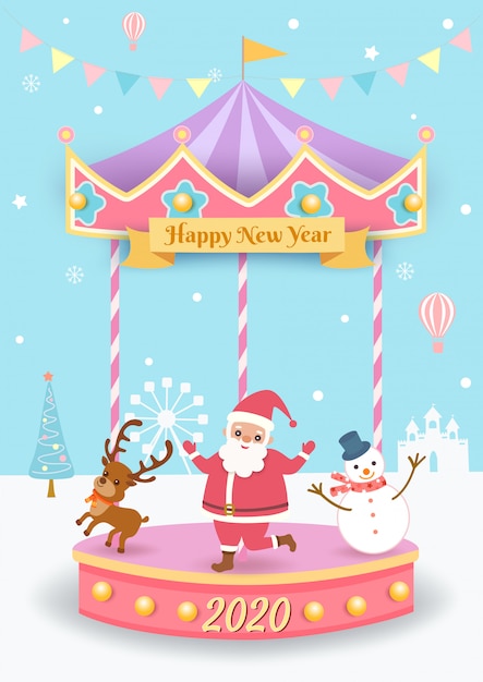 Ilustração de Natal com Papai Noel, rena e boneco de neve jogando feliz girar