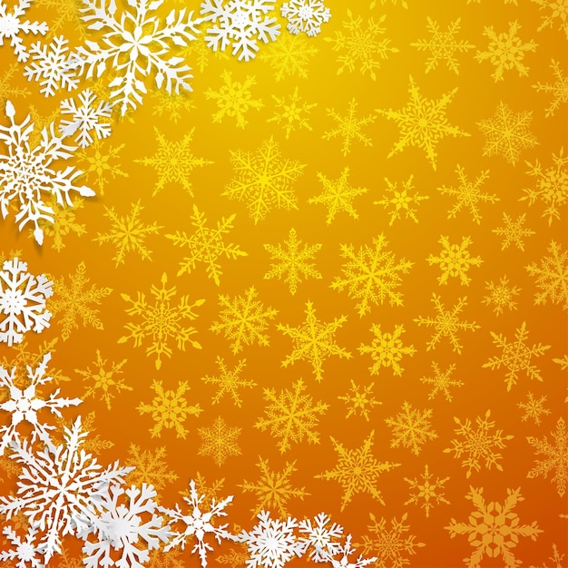 Ilustração de natal com semicírculo de grandes flocos de neve brancos com sombras no fundo amarelo