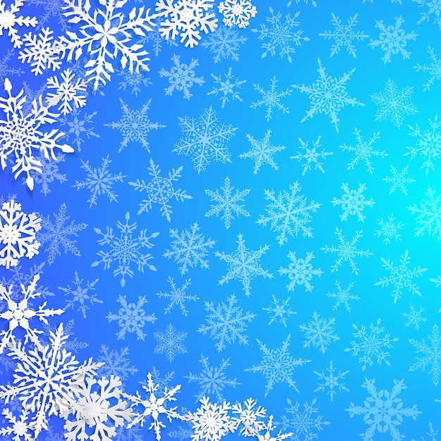 Ilustração de Natal com semicírculo de grandes flocos de neve brancos com sombras sobre fundo azul claro