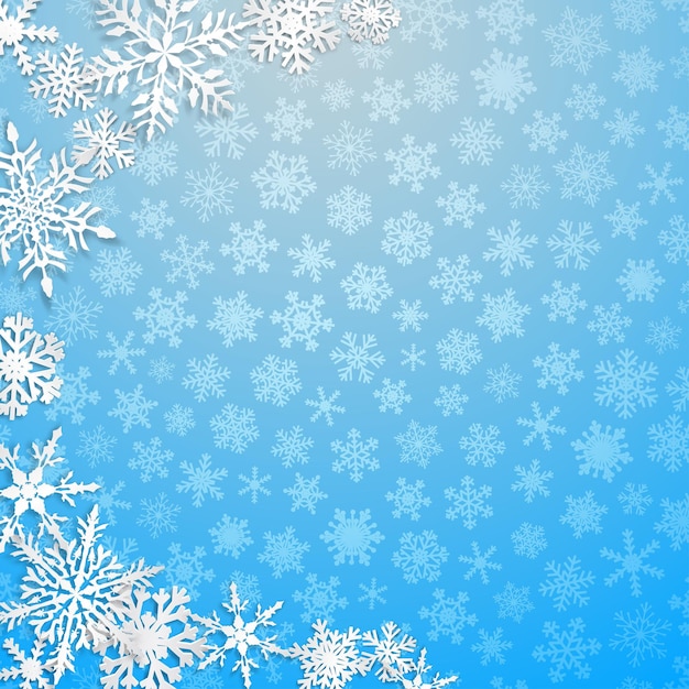Ilustração de Natal com semicírculo de grandes flocos de neve brancos com sombras sobre fundo azul claro