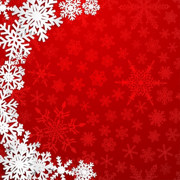 Ilustração de natal com semicírculo de grandes flocos de neve brancos com sombras sobre fundo vermelho