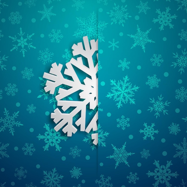 Vetor ilustração de natal com um grande floco de neve branco que se projeta do corte em um fundo nevado em cores azuis claras