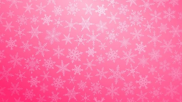 Ilustração de natal com vários flocos de neve pequenos em fundo gradiente em cores rosa