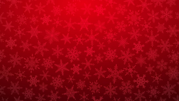 Ilustração de Natal com vários flocos de neve pequenos em fundo gradiente em cores vermelhas