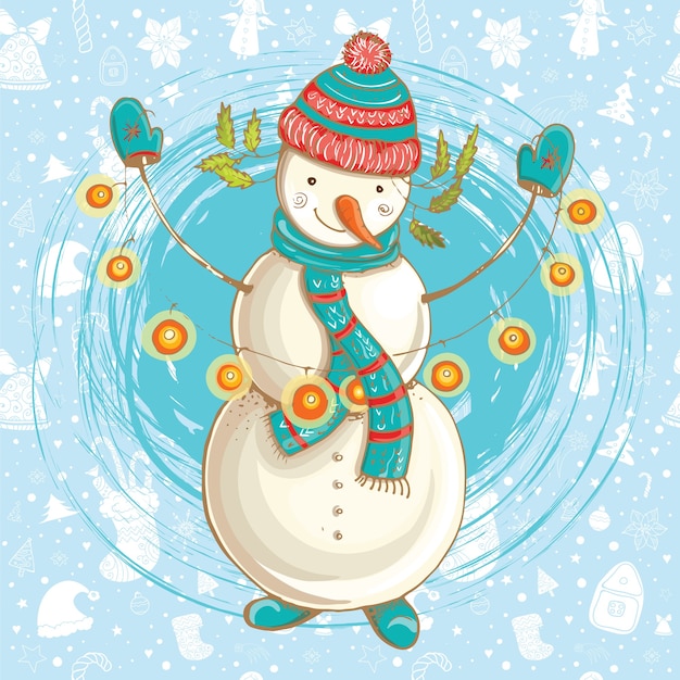 Vetor ilustração de natal de boneco de neve feliz. ilustração fofa desenhada à mão