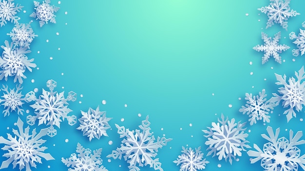 Ilustração de natal de flocos de neve de papel branco complexo com sombras suaves em turquesa e fundo azul claro