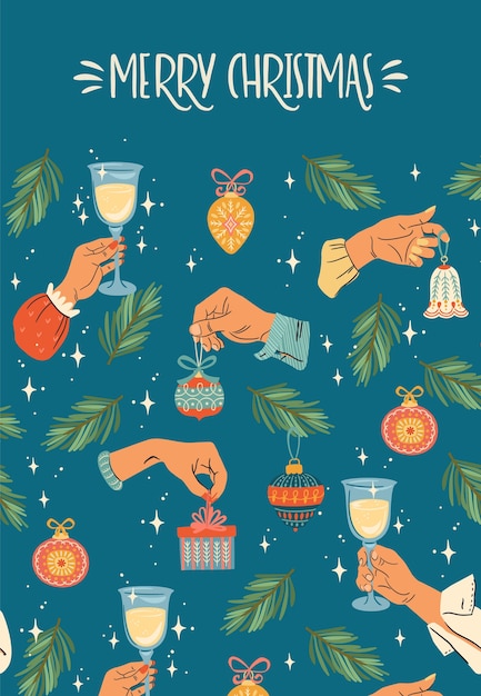 Ilustração de natal e feliz ano novo com mãos masculinas e femininas.