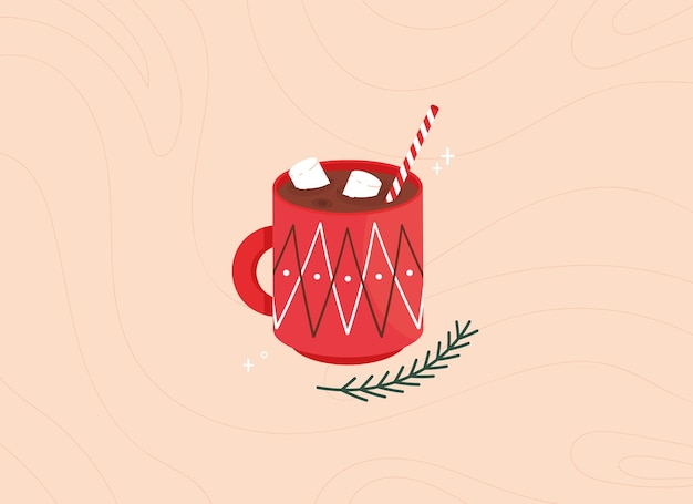 Ilustração de natal fofa com uma xícara de chocolate quente com marshmallows