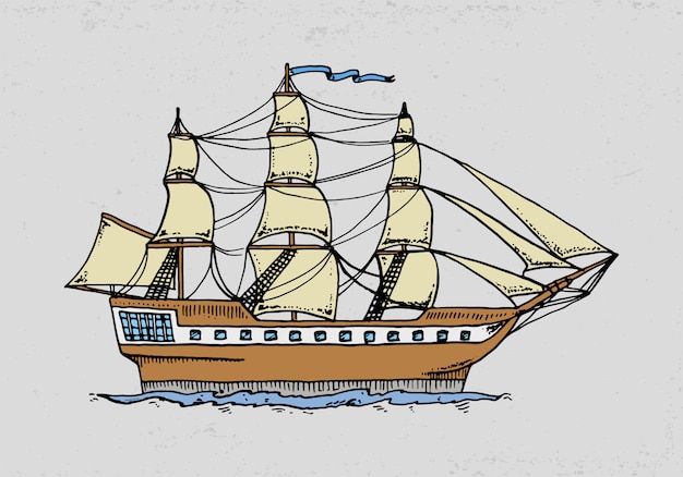 Ilustração de navio de cruzeiro ou veleiro. para o mar profundo. mão gravada desenhada no velho estilo de desenho, transporte vintage.