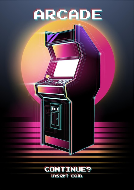 Ilustração de néon da máquina de jogos Arcade. .