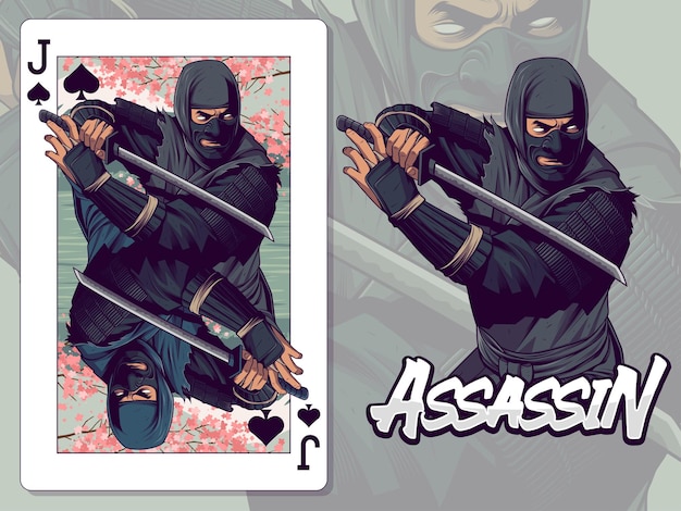 Vetor ilustração de ninja para design de cartas de jogar valete de espadas