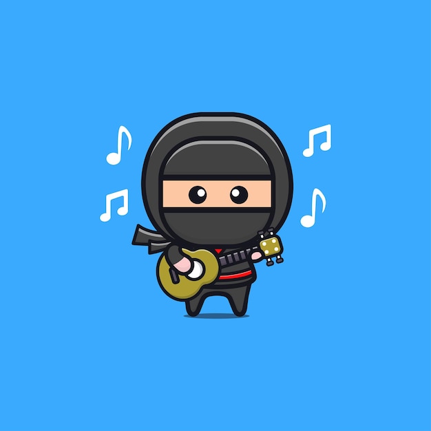 Ilustração de ninja preto fofo tocando violão