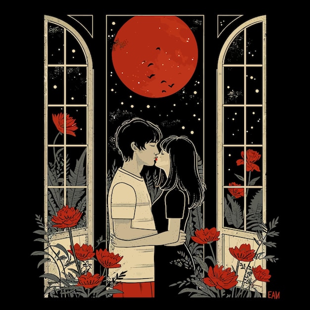 ilustração de obras de arte de amor do dia dos namorados com corações vermelhos e casal beijando