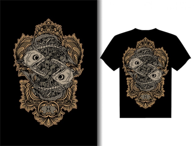 Ilustração de obras de arte para design de t-shirt caveira do zodíaco de esqueleto de peixes