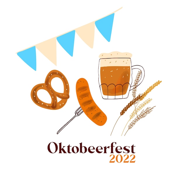 Ilustração de octobeerfest 2022 com canecas de cerveja estilizadas com pretzel de petiscos tradicionais e salsicha grelhada em fundo branco