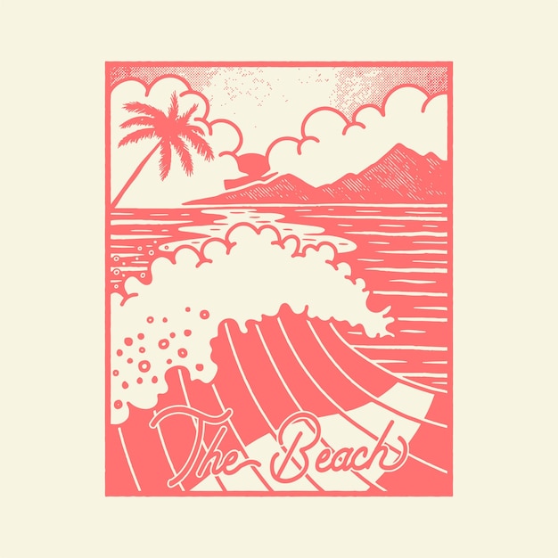 Vetor ilustração de ondas design de praia gráfico tropical verão vintage cartaz de desenho animado palmeira