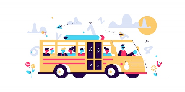 Ilustração de ônibus escolar. conceito de pessoas de transporte aluno minúsculo. Van clássica para estudantes completos a caminho da escola, faculdade ou ensino fundamental. Serviço rodoviário público regular para crianças na rua