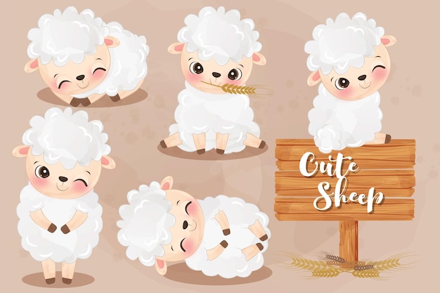 Vetor ilustração de ovelhas adoráveis em aquarela