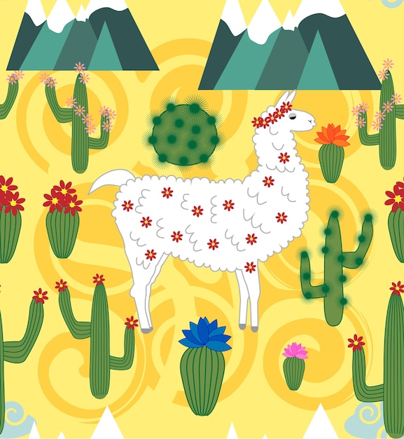 Ilustração de padrão perfeito com alpaca de lhama de desenho animado bonito com cacto e elementos de design em fundo rosa em estilo cartoon plana