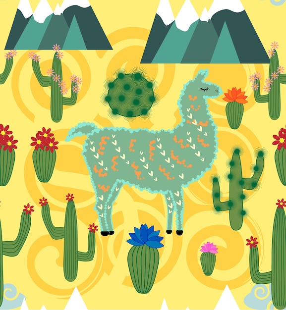 Ilustração de padrão perfeito com alpaca de lhama de desenho animado bonito com cacto e elementos de design em fundo rosa em estilo cartoon plana