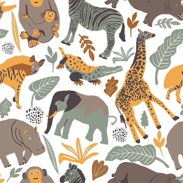 Ilustração de padrão perfeito de animais africanos fofos de safári selvagem, incluindo girafa elefante hiena c