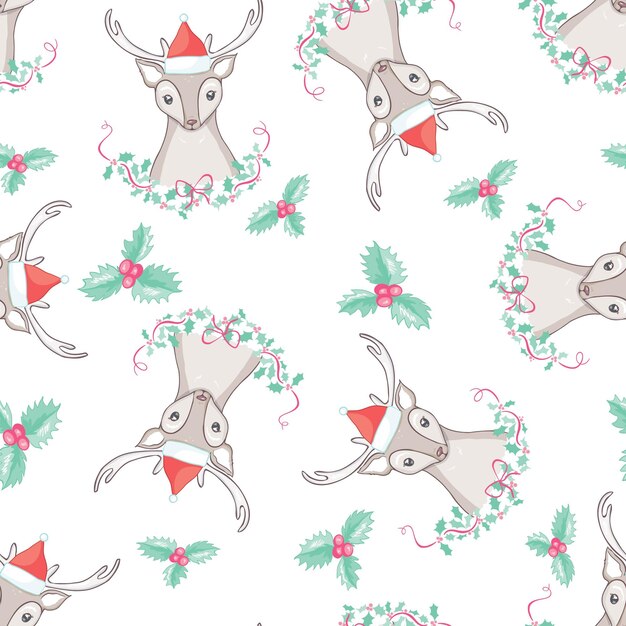 Ilustração de padrão perfeito de vetor de veado de Natal Cabeça de vetor de rena com chifre e chapéu de Papai Noel