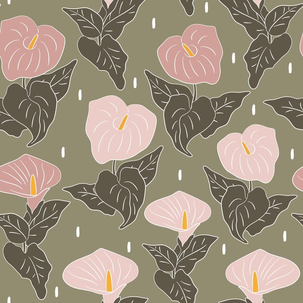 Vetor ilustração de padrão vetorial bonito e perfeito com lindas flores calla rosa sobre fundo verde