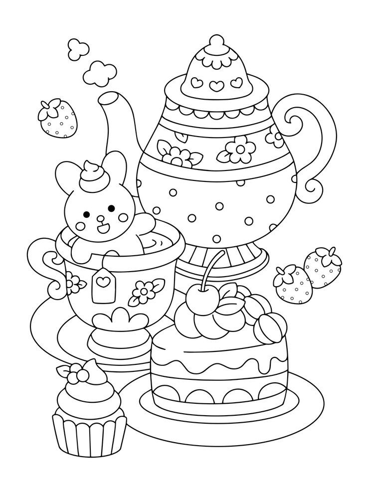 Vetor ilustração de página de coloração de festa de chá de coelhinho com doodle de bolo