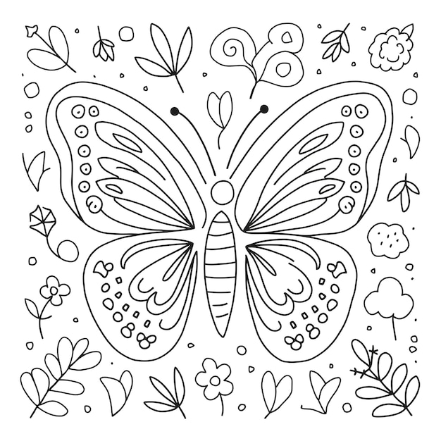 Vetor ilustração de página de livro de colorir desenhada à mão de uma borboleta simples com grandes asas desenhadas
