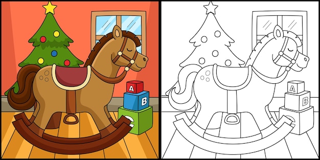 Ilustração de página para colorir de cavalo de balanço de natal