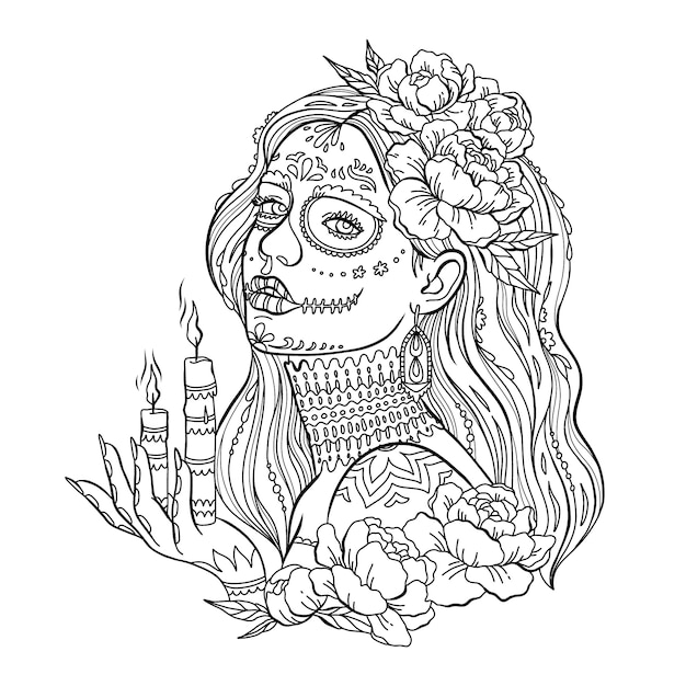 Ilustração de página para colorir de dia de muertos catrina desenhada à mão