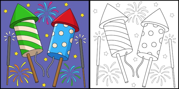 Ilustração de página para colorir de fogos de artifício de véspera de ano novo