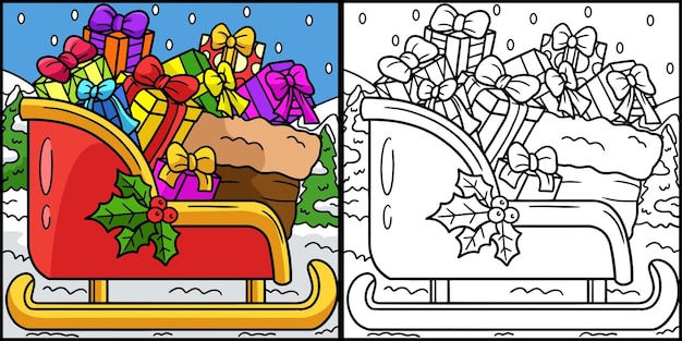 Ilustração de página para colorir de trenó de natal