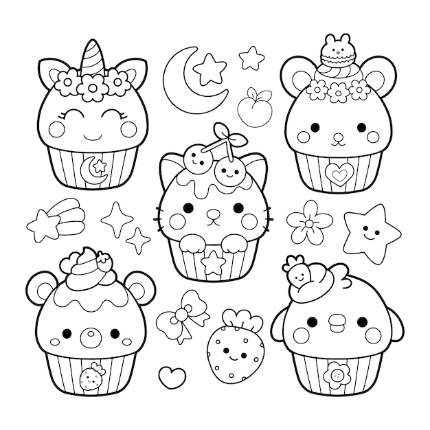 Desenho de Dinossauro kawaii em cupcake para colorir