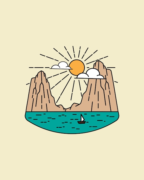 Vetor ilustração de paisagem de colina gêmea e mar em arte de linha mono ilustração vetorial abstrata tshirt art design vector