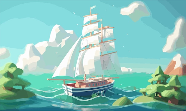 Vetor ilustração de paisagem de desenho animado moderno de viagem de vela alta